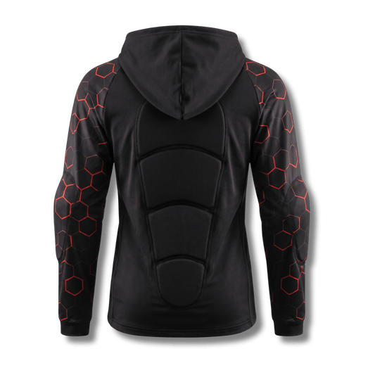 Back of Ti-GO kids armour cycling hoodie showing sewn-in back padding and elbow pads