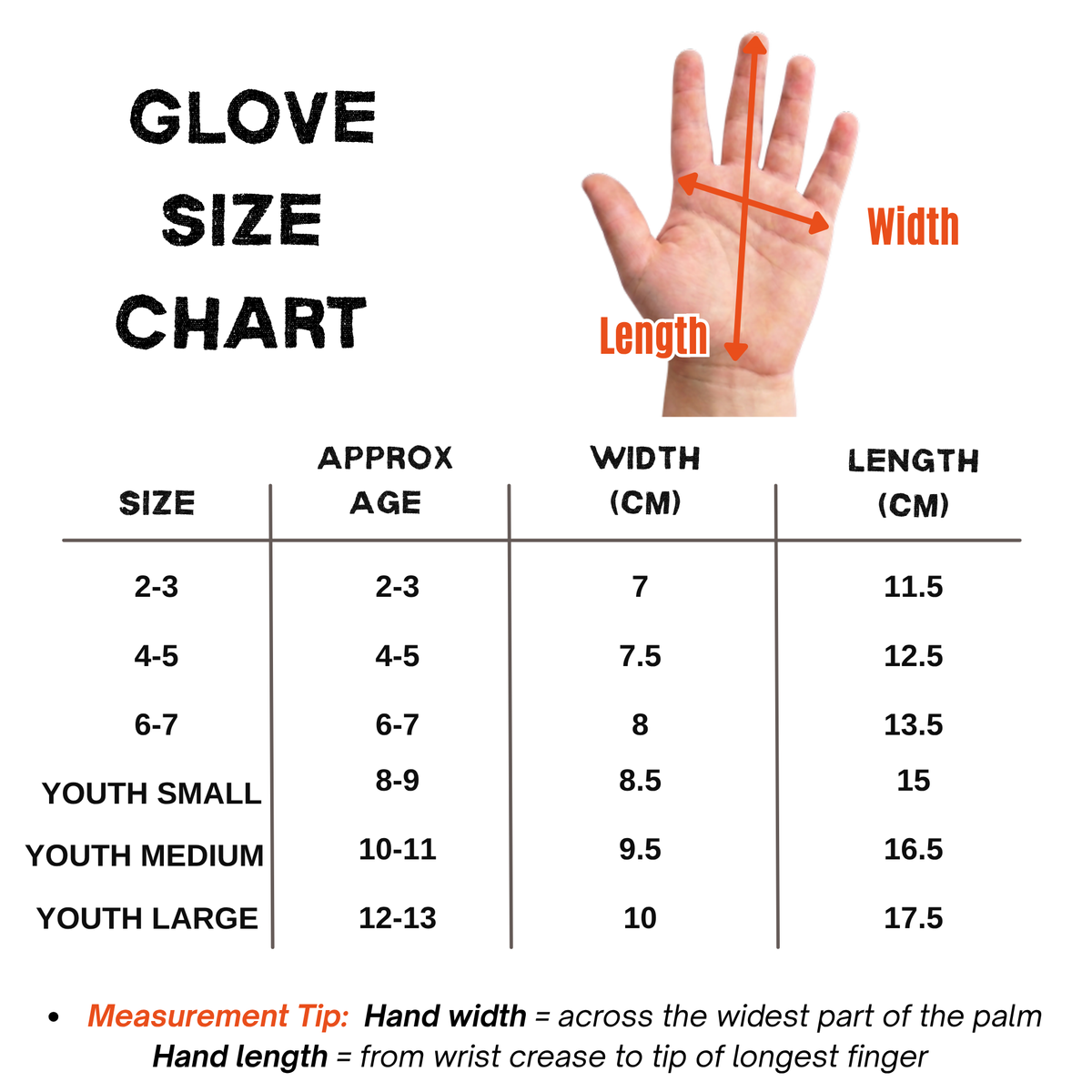 Ti-GO kids' cycling gloves size chart – measure hand width and length, sizes 2-3 to Youth Large (ages 2–13)