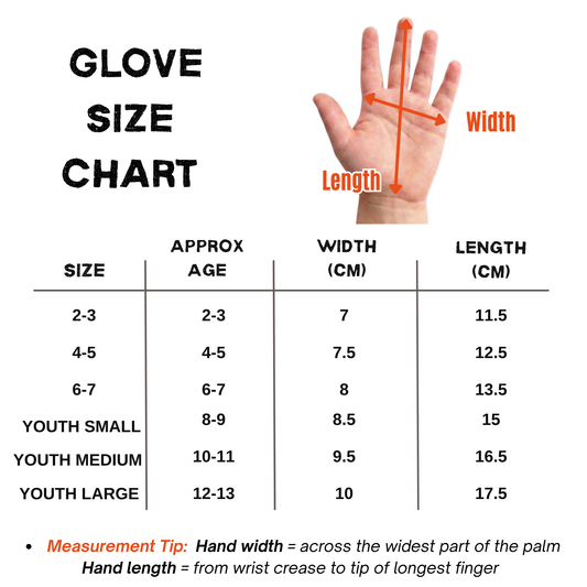 Ti-GO kids' cycling gloves size chart – measure hand width and length, sizes 2-3 to Youth Large (ages 2–13)