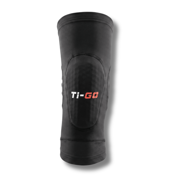 Front view of a black Ti-GO Tech Youth knee pad for kids' cycling