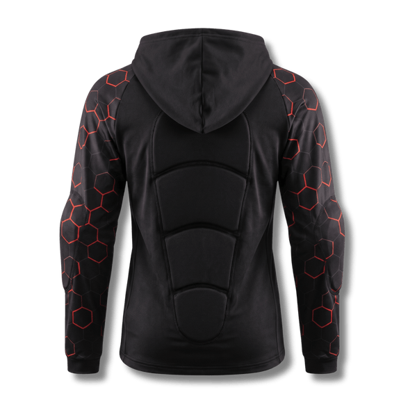 Back of Ti-GO kids armour cycling hoodie showing sewn-in back padding and elbow pads