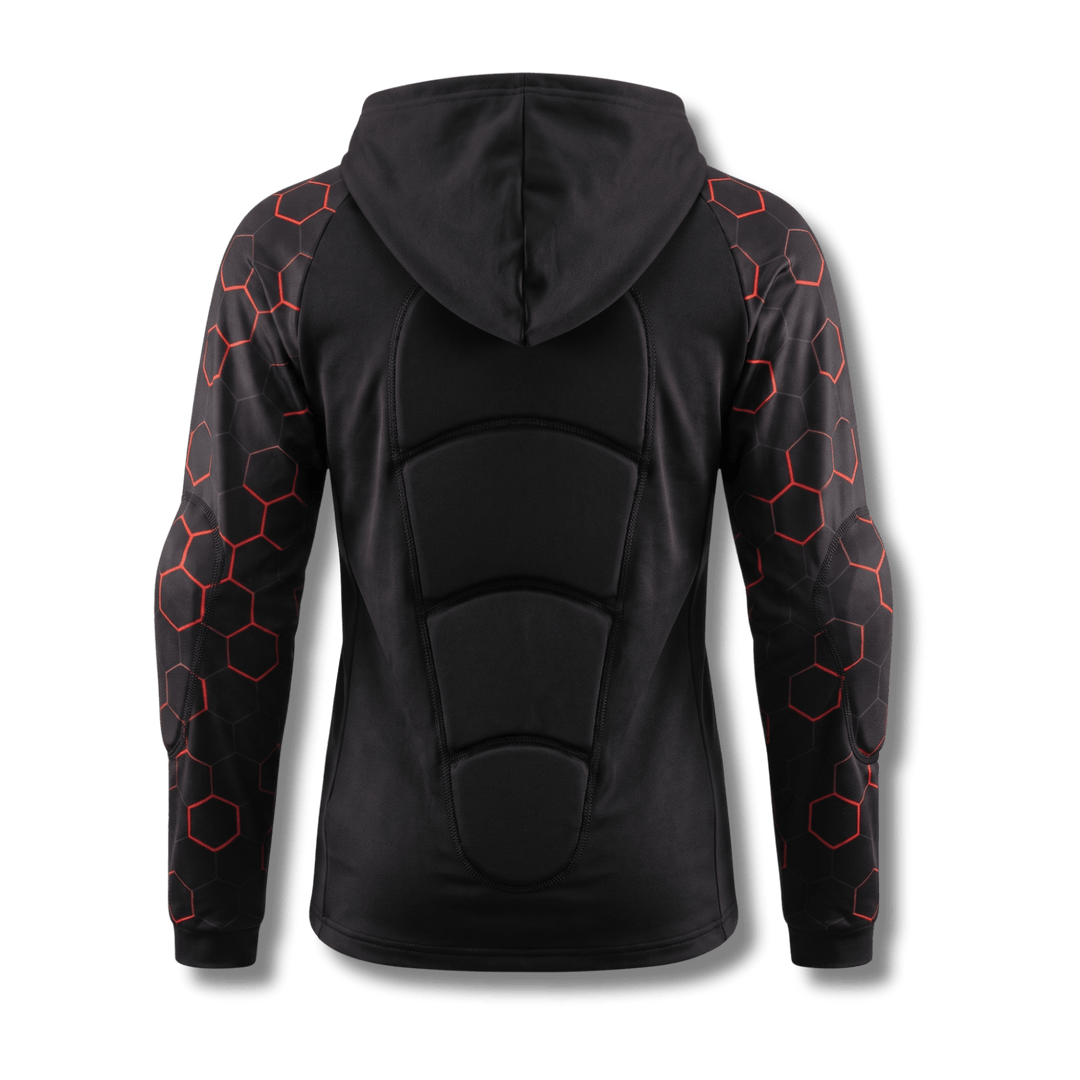 Back of Ti-GO kids armour cycling hoodie showing sewn-in back padding and elbow pads