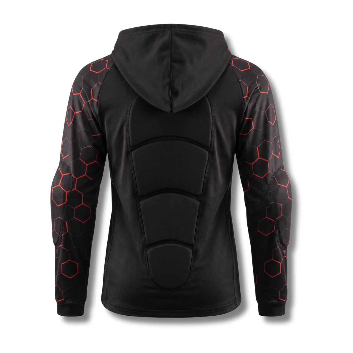 Back of Ti-GO kids armour cycling hoodie showing sewn-in back padding and elbow pads