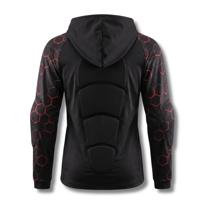Back of Ti-GO kids armour cycling hoodie showing sewn-in back padding and elbow pads