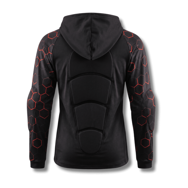 Back of the Ti-GO kids armour hoodie showing sewn-in back padding and elbow pads