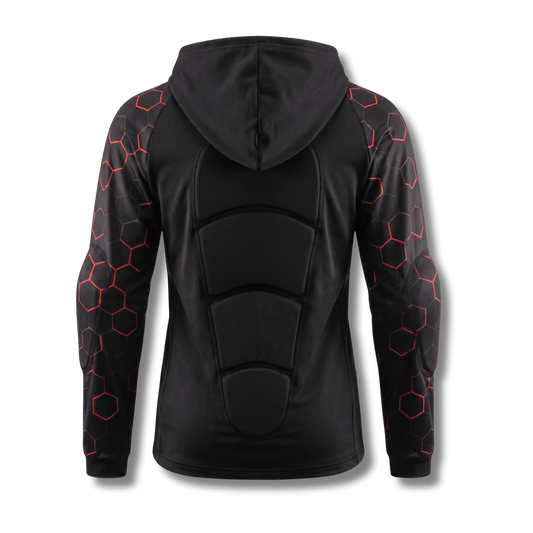 Back of the Ti-GO kids armour hoodie showing sewn-in back padding and elbow pads