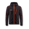 Ti-GO kids BMX & MTB armour hoodie in black & orange – front view with orange full-length zip and zipped chest pocket