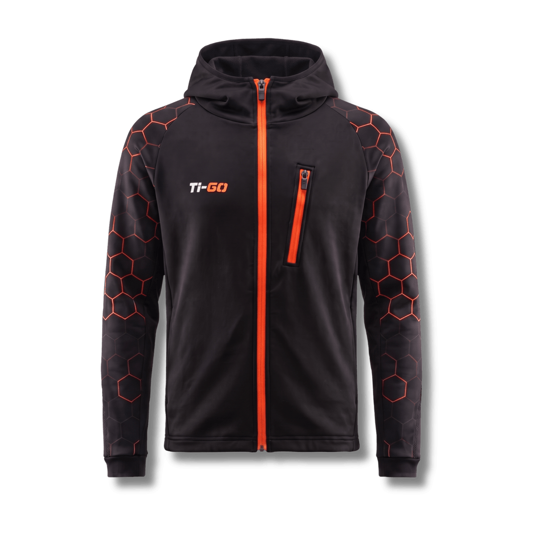 Ti-GO kids BMX &amp; MTB armour hoodie in black &amp; orange – front view with orange full-length zip and zipped chest pocket