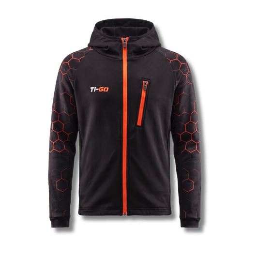 Ti-GO kids BMX & MTB armour hoodie in black & orange – front view with orange full-length zip and zipped chest pocket