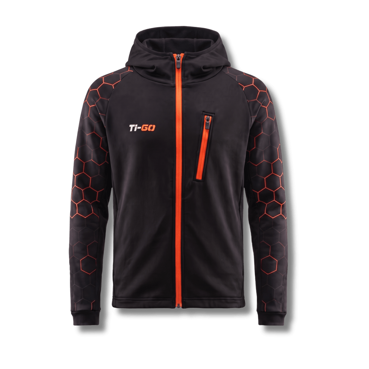 Ti-GO kids armour hoodie in Lava Hex black & orange – front view, sold in a bundle with your choice of gloves