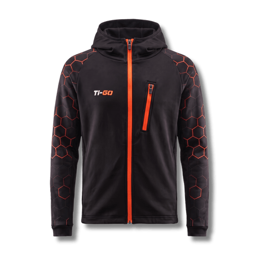 Ti-GO kids armour hoodie in Lava Hex black & orange – front view, sold in a bundle with your choice of gloves