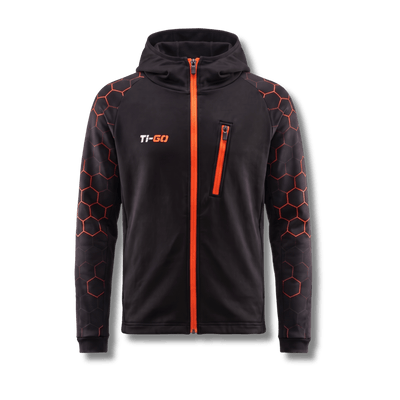 Ti-GO kids BMX & MTB armour hoodie in black & orange – front view with orange full-length zip and zipped chest pocket
