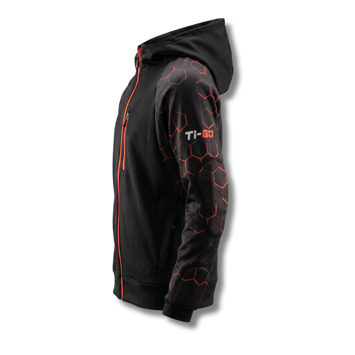 Side view of Ti-GO kids BMX &amp; MTB armour hoodie with hood, orange zip and padded elbow