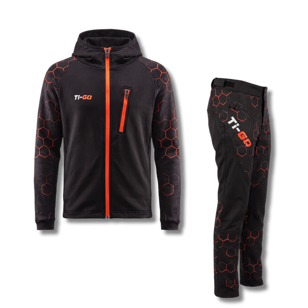 Ti-GO kids BMX & MTB riding kit bundle – padded armour hoodie and lightweight riding pants in black & orange