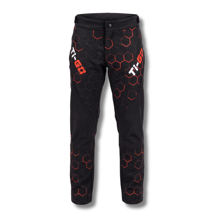 Ti-GO kids lightweight BMX &amp; MTB riding pants in black &amp; orange – front view with zipped thigh pocket