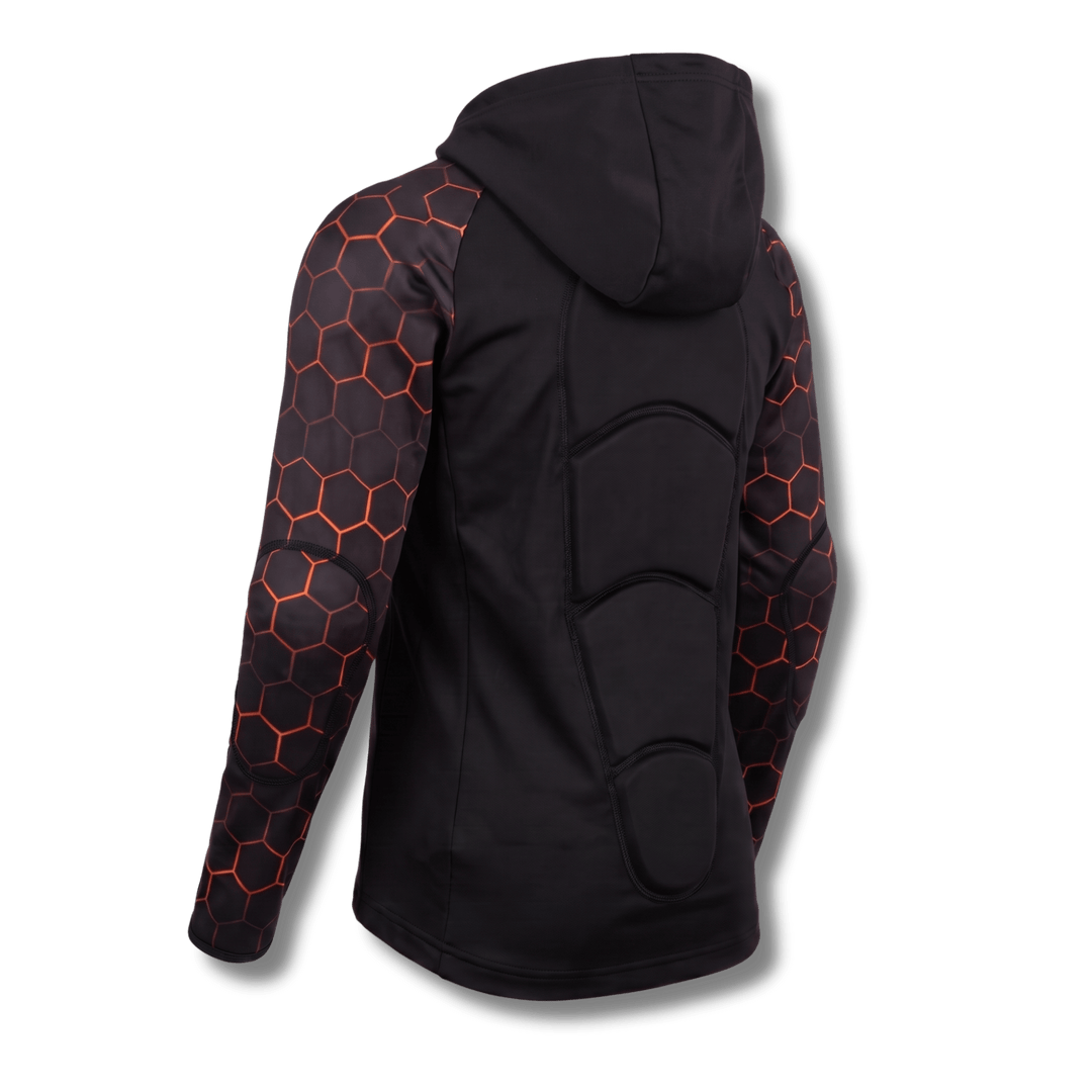 Ti-GO kids padded cycling hoodie, rear three-quarter view showing elbow pad and back protection