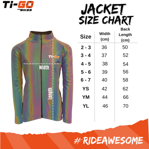 Ti-GO 'Now You See Me' kids' reflective jacket size chart